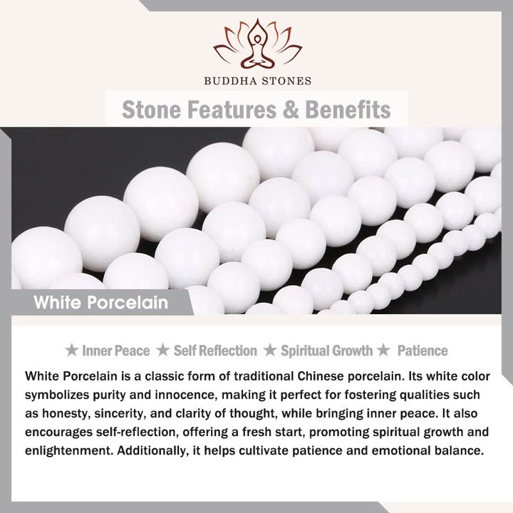 Pulsera de la paciencia con seis palabras verdaderas 'Om Mani Padme Hum' de porcelana blanca con 108 cuentas de Buddha Stones