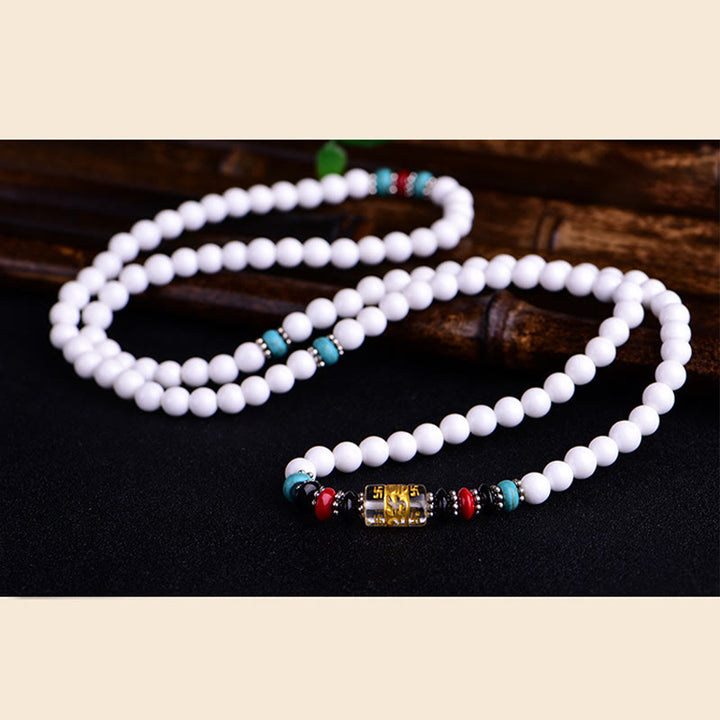 Pulsera de la paciencia con seis palabras verdaderas 'Om Mani Padme Hum' de porcelana blanca con 108 cuentas de Buddha Stones