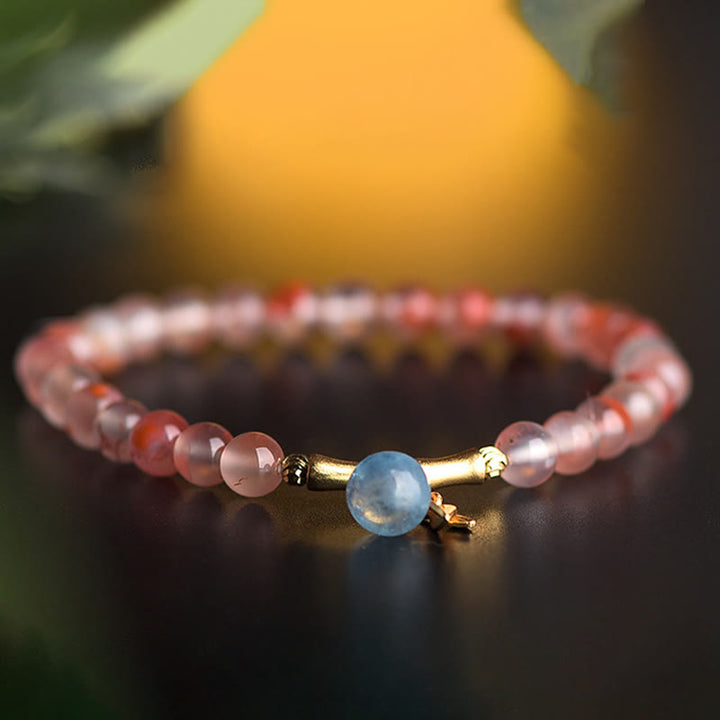 Pulsera de la suerte con Buddha Stones, ágata roja del sur, aguamarina, perla, jade hetiano, flor de bambú