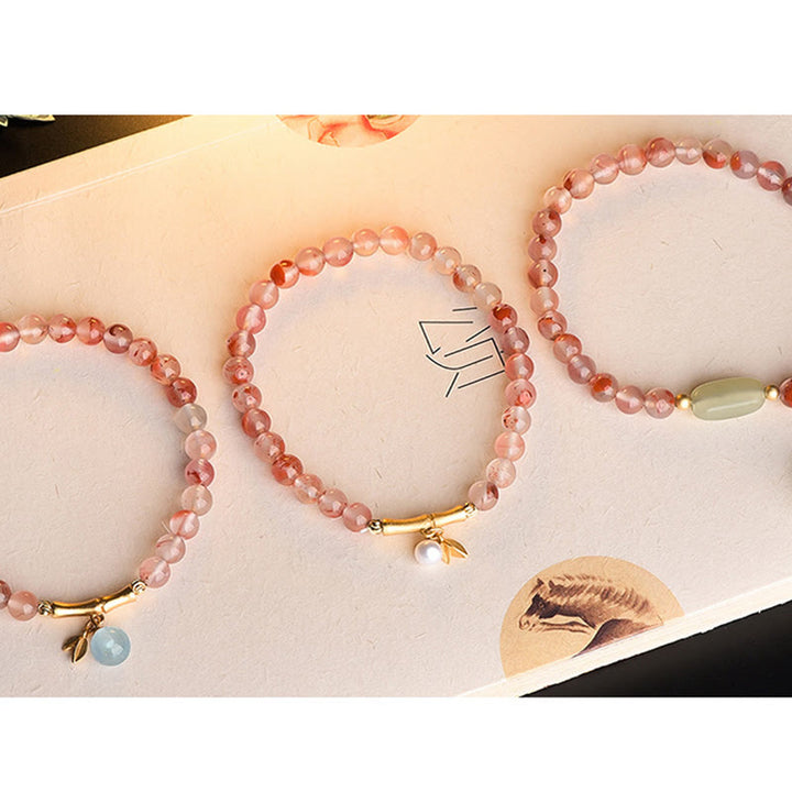 Pulsera de la suerte con Buddha Stones, ágata roja del sur, aguamarina, perla, jade hetiano, flor de bambú