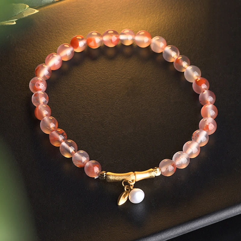 Pulsera de la suerte con Buddha Stones, ágata roja del sur, aguamarina, perla, jade hetiano, flor de bambú