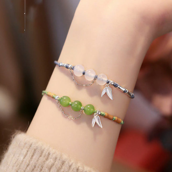 Pulsera trenzada con bendición de cuentas de calcedonia, jade hetiano, hojas de bambú y plata de ley 925 con Buddha Stones