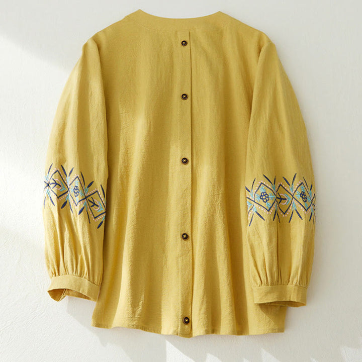 Camisas de mujer de lino y algodón con botones y manga larga con bordado geométrico de Buddha Stones