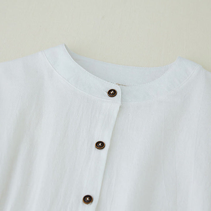 Camisas de mujer de lino y algodón con botones y manga larga con bordado geométrico de Buddha Stones - image 10