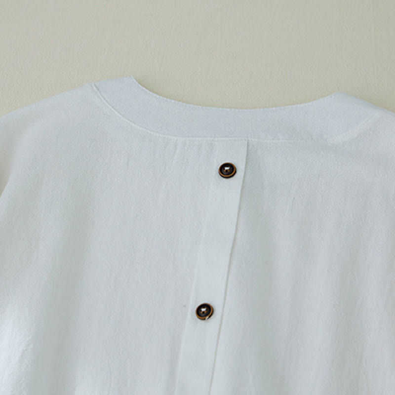 Camisas de mujer de lino y algodón con botones y manga larga con bordado geométrico de Buddha Stones