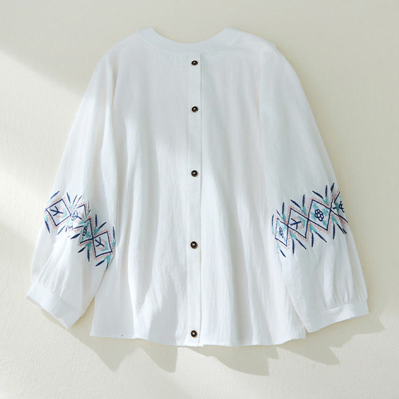 Camisas de mujer de lino y algodón con botones y manga larga con bordado geométrico de Buddha Stones - Blanco - US12, UK/AU16, EU44 (3XL) - image 9