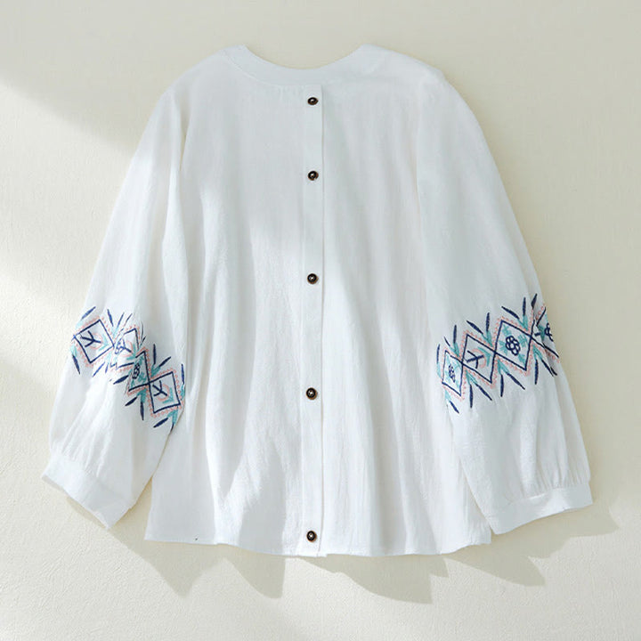 Camisas de mujer de lino y algodón con botones y manga larga con bordado geométrico de Buddha Stones - Blanco - US12, UK/AU16, EU44 (3XL) - image 9