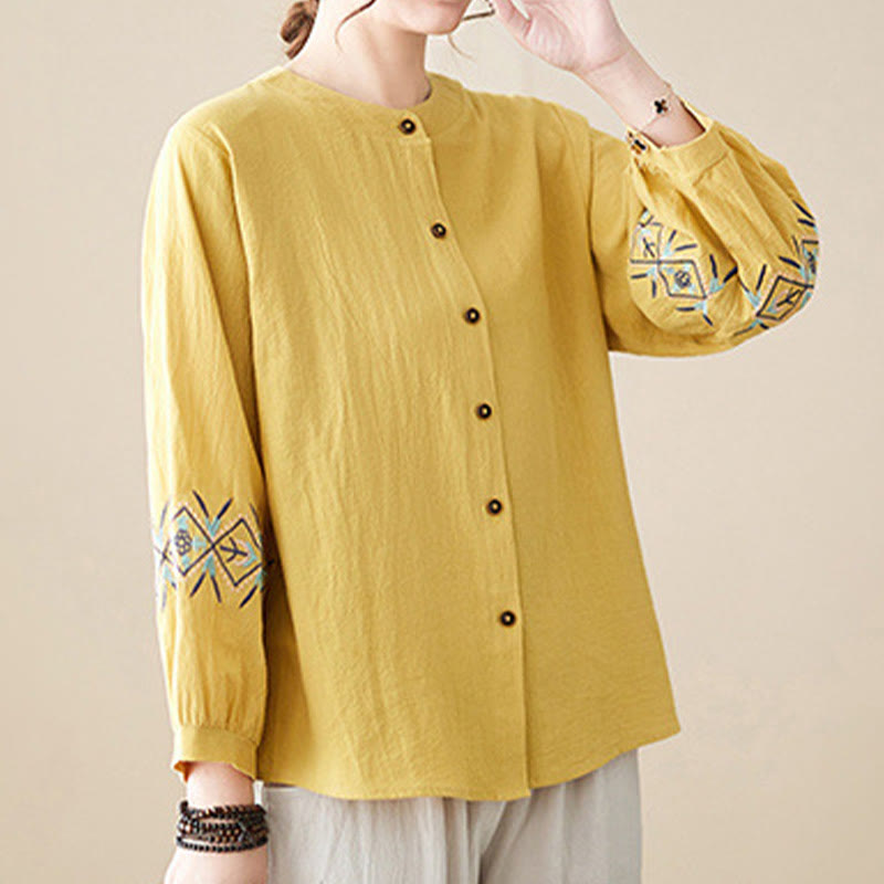 Camisas de mujer de lino y algodón con botones y manga larga con bordado geométrico de Buddha Stones