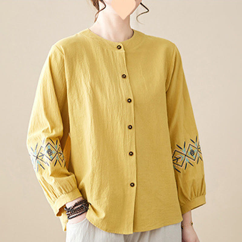 Camisas de mujer de lino y algodón con botones y manga larga con bordado geométrico de Buddha Stones - image 3