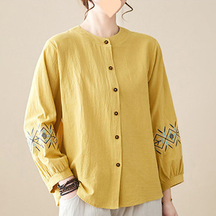 Camisas de mujer de lino y algodón con botones y manga larga con bordado geométrico de Buddha Stones - image 3