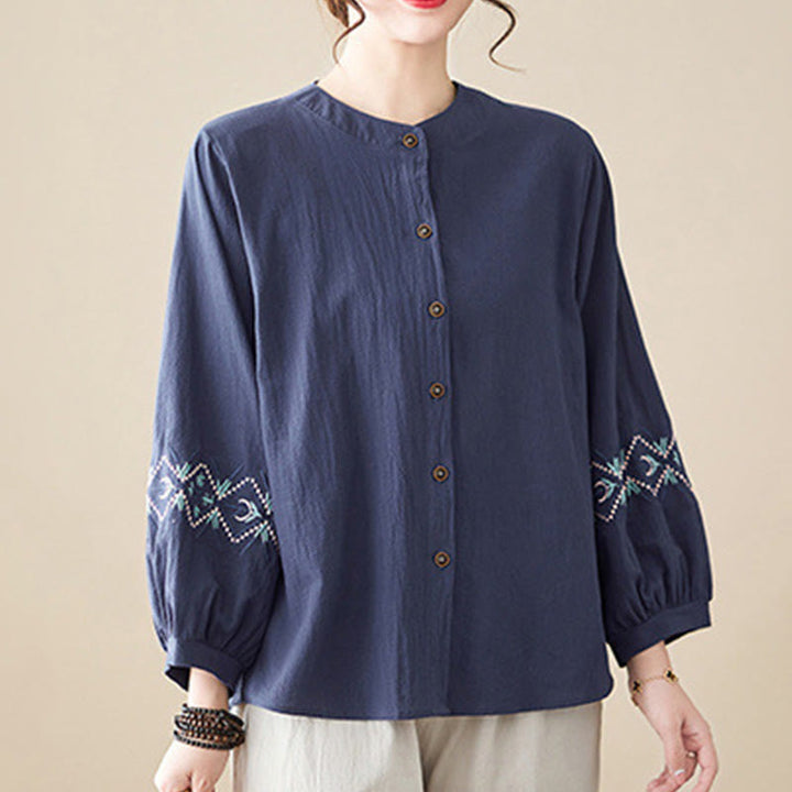 Camisas de mujer de lino y algodón con botones y manga larga con bordado geométrico de Buddha Stones - image 16