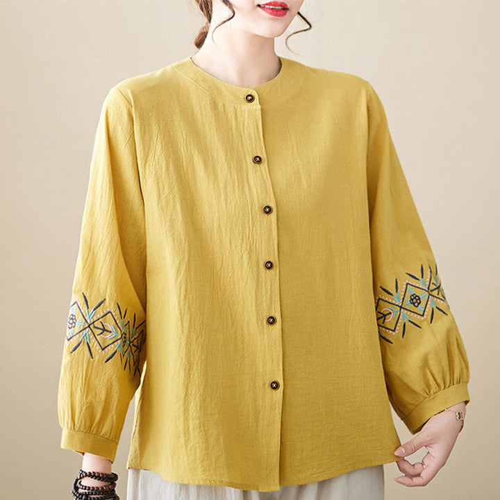 Camisas de mujer de lino y algodón con botones y manga larga con bordado geométrico de Buddha Stones
