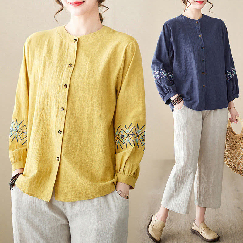 Camisas de mujer de lino y algodón con botones y manga larga con bordado geométrico de Buddha Stones
