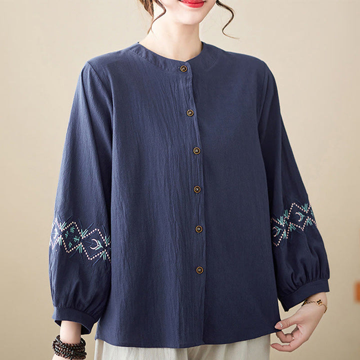 Camisas de mujer de lino y algodón con botones y manga larga con bordado geométrico de Buddha Stones - Azul oscuro - US12, UK/AU16, EU44 (3XL) - image 14