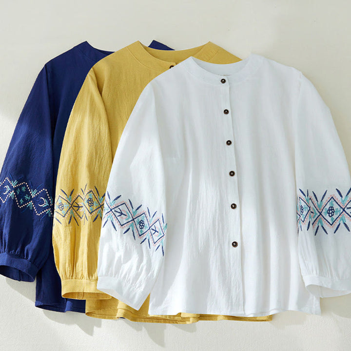 Camisas de mujer de lino y algodón con botones y manga larga con bordado geométrico de Buddha Stones