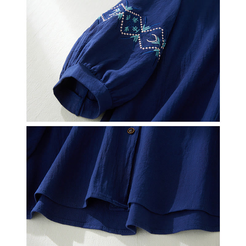 Camisas de mujer de lino y algodón con botones y manga larga con bordado geométrico de Buddha Stones