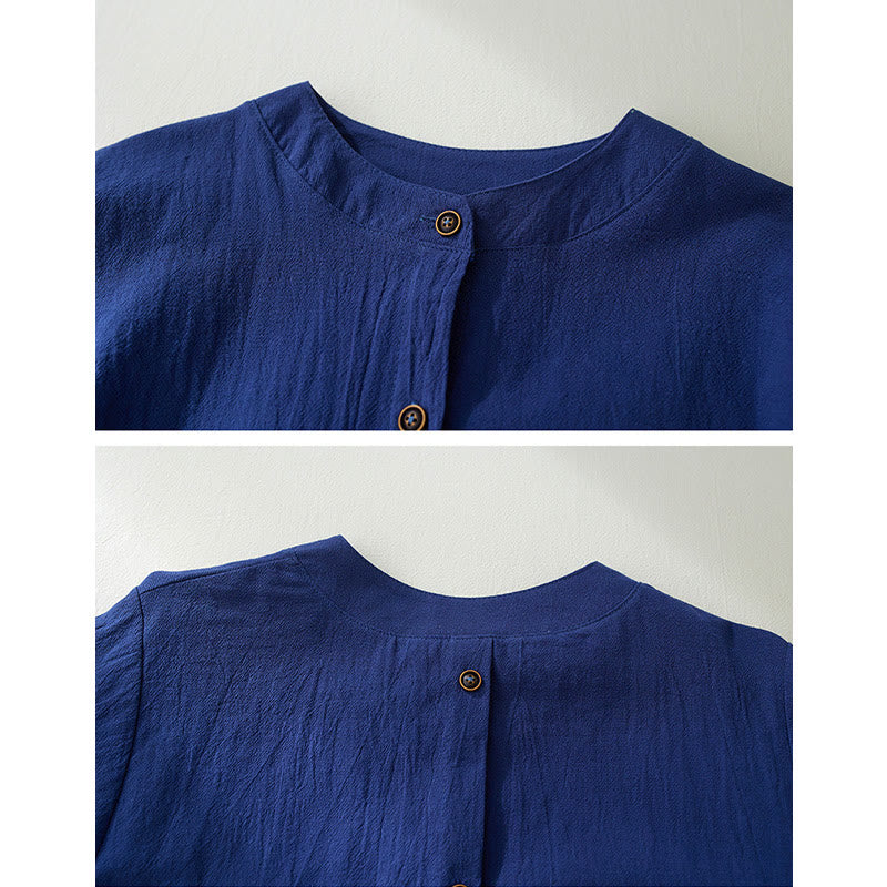 Camisas de mujer de lino y algodón con botones y manga larga con bordado geométrico de Buddha Stones - image 18