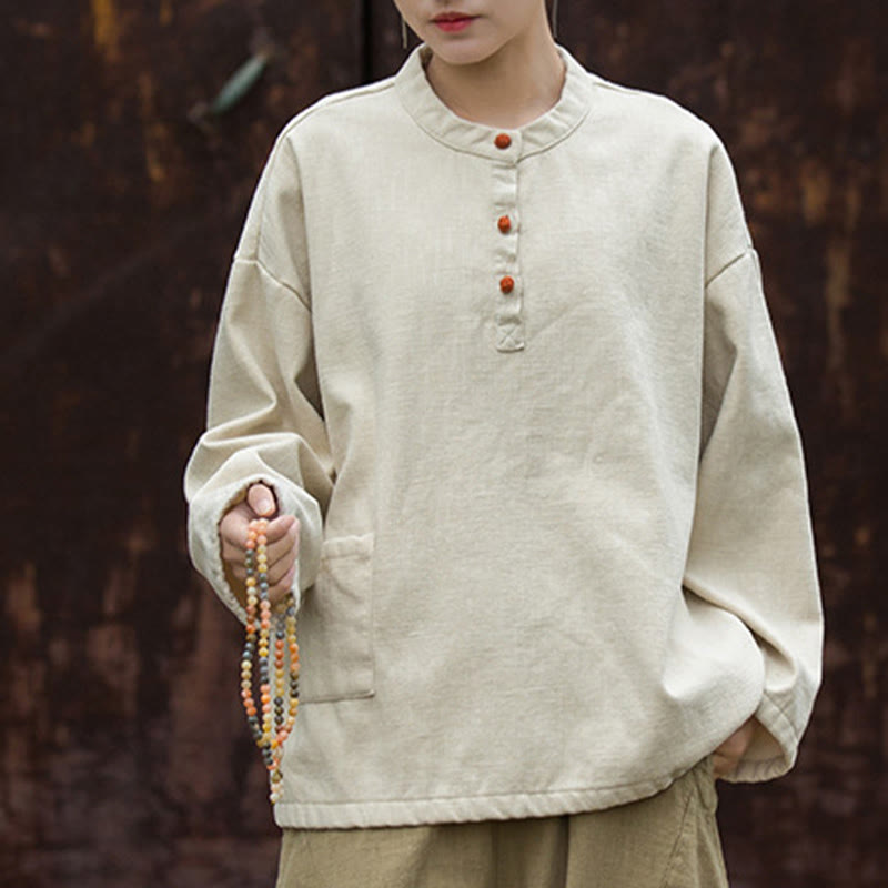 Camisa de lino y ramio de manga larga térmica de color sólido retro con Buddha Stones para mujer