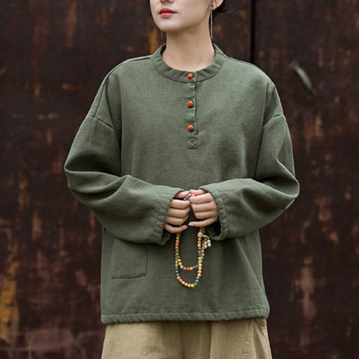 Camisa de lino y ramio de manga larga térmica de color sólido retro con Buddha Stones para mujer