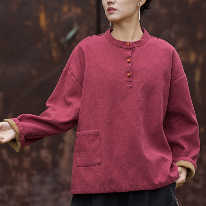 Camisa de lino y ramio de manga larga térmica de color sólido retro con Buddha Stones para mujer