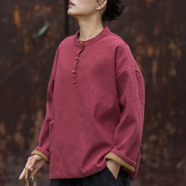 Camisa de lino y ramio de manga larga térmica de color sólido retro con Buddha Stones para mujer