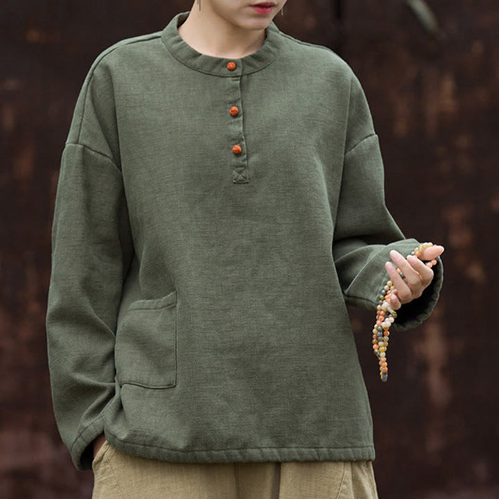 Camisa de lino y ramio de manga larga térmica de color sólido retro con Buddha Stones para mujer - image 11