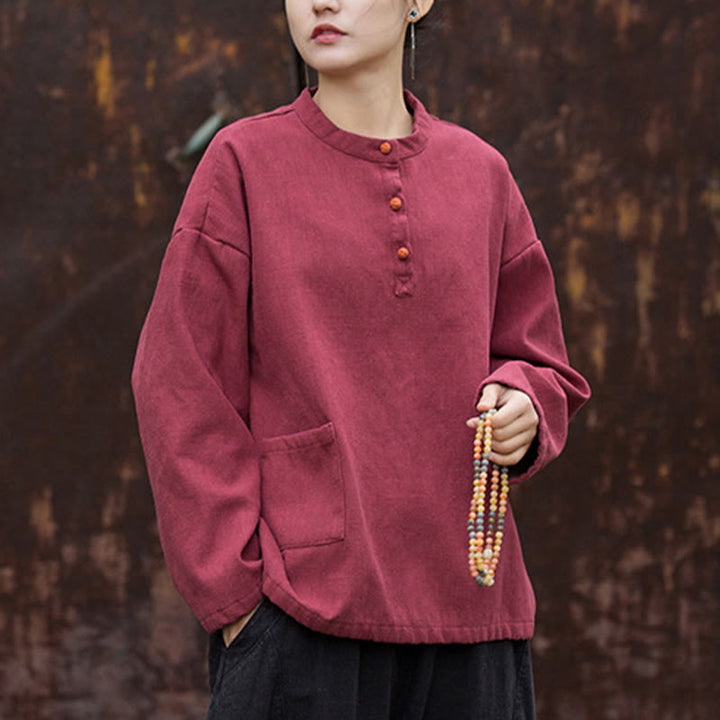 Camisa de lino y ramio de manga larga térmica de color sólido retro con Buddha Stones para mujer