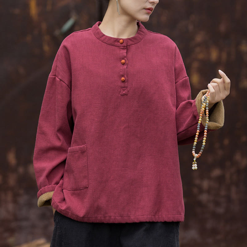 Camisa de lino y ramio de manga larga térmica de color sólido retro con Buddha Stones para mujer