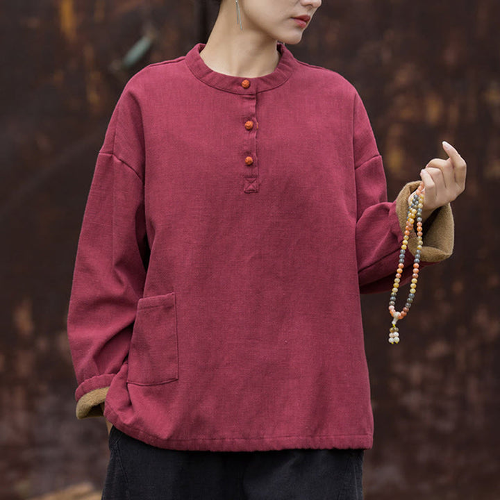 Camisa de lino y ramio de manga larga térmica de color sólido retro con Buddha Stones para mujer