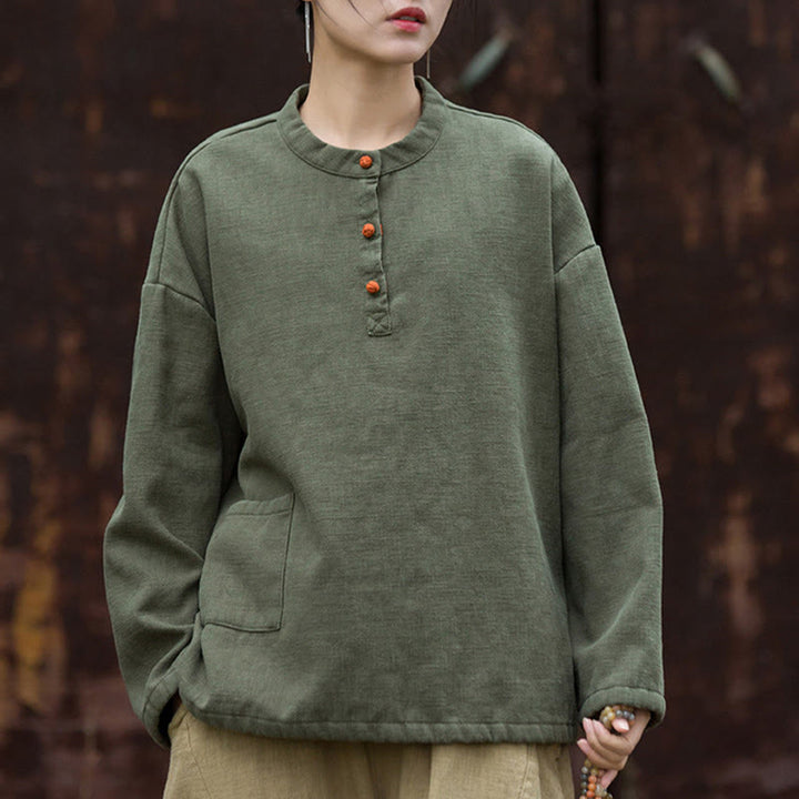 Camisa de lino y ramio de manga larga térmica de color sólido retro con Buddha Stones para mujer
