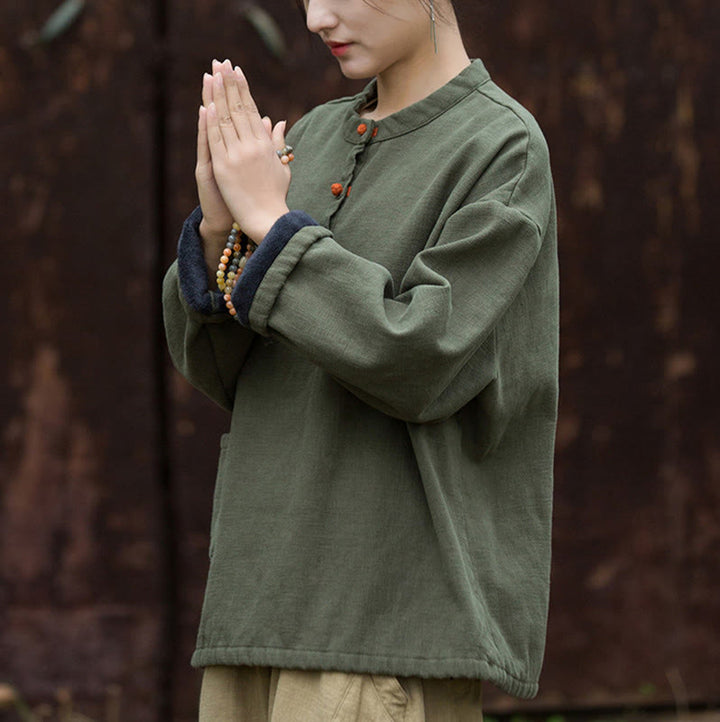 Camisa de lino y ramio de manga larga térmica de color sólido retro con Buddha Stones para mujer - image 12