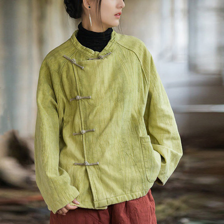 Camisa térmica de lino y ramio de manga larga con botones de rana y color liso con Buddha Stones para mujer - VerdeAmarillo - US4-12, UK/AU8-16, EU36-44 (F) - image 17