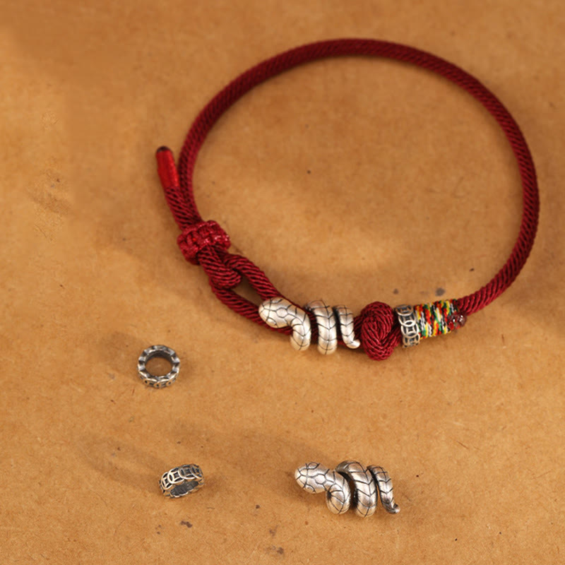 Pulsera de la suerte con anillo y moneda del año de la serpiente en plata de ley 925 con hilo rojo y Buddha Stones - image 7