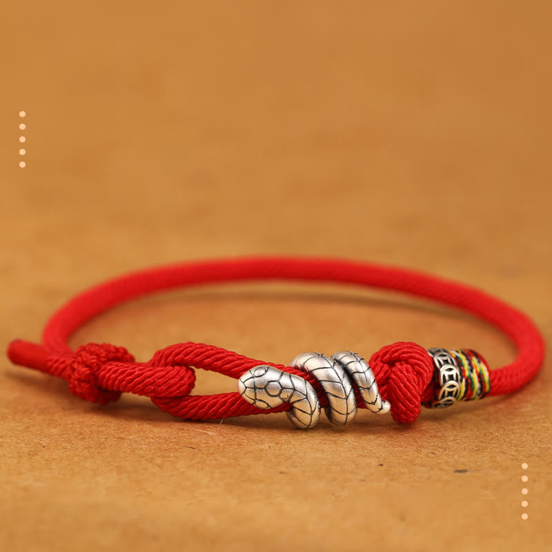 Pulsera de la suerte con anillo y moneda del año de la serpiente en plata de ley 925 con hilo rojo y Buddha Stones - Rojo - 18-20 cm - image 13