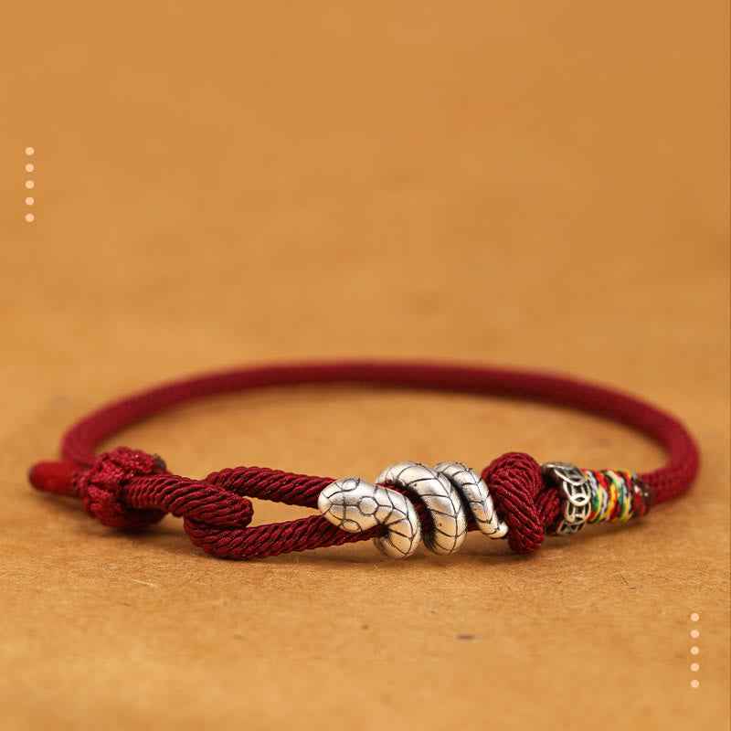 Pulsera de la suerte con anillo y moneda del año de la serpiente en plata de ley 925 con hilo rojo y Buddha Stones - Rojo oscuro - 18-20 cm - image 0