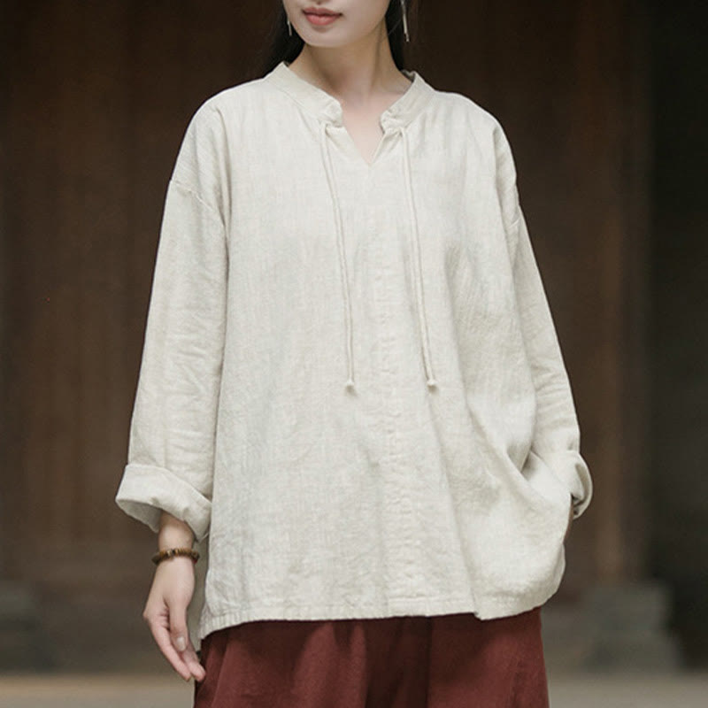 Camisa de mujer de lino y ramio de manga larga de color liso retro con Buddha Stones