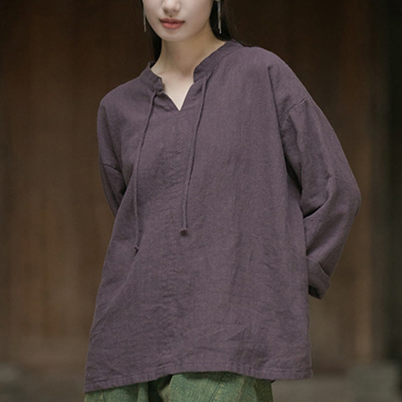 Camisa de mujer de lino y ramio de manga larga de color liso retro con Buddha Stones