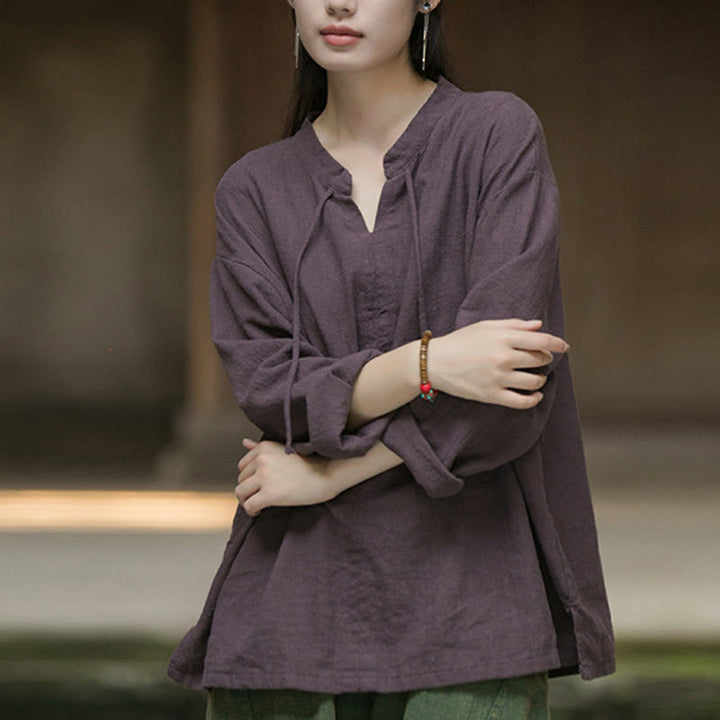 Camisa de mujer de lino y ramio de manga larga de color liso retro con Buddha Stones
