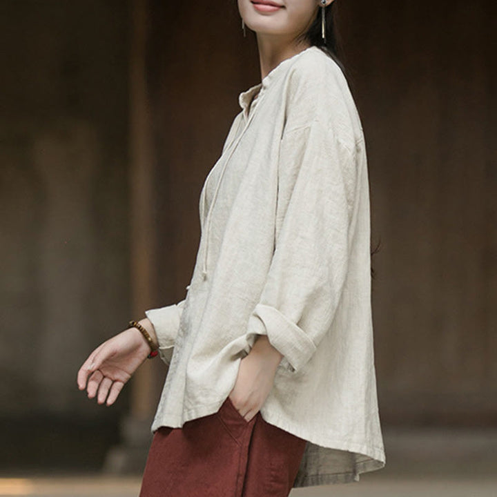 Camisa de mujer de lino y ramio de manga larga de color liso retro con Buddha Stones - image 4