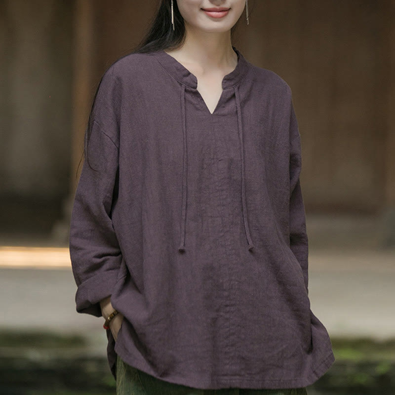 Camisa de mujer de lino y ramio de manga larga de color liso retro con Buddha Stones