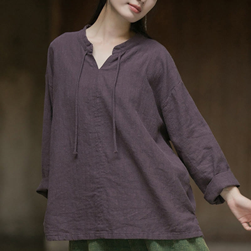 Camisa de mujer de lino y ramio de manga larga de color liso retro con Buddha Stones