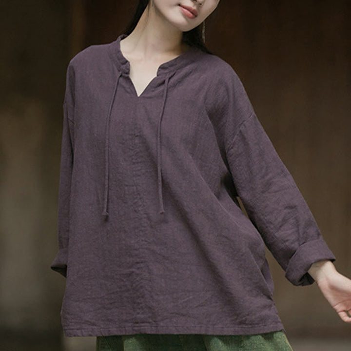 Camisa de mujer de lino y ramio de manga larga de color liso retro con Buddha Stones