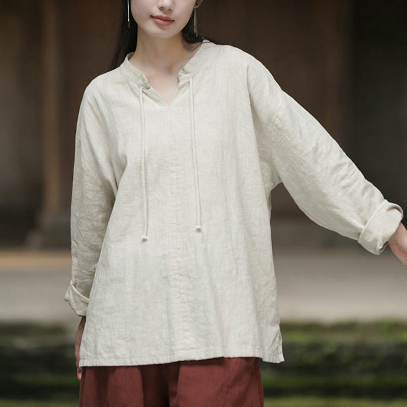 Camisa de mujer de lino y ramio de manga larga de color liso retro con Buddha Stones