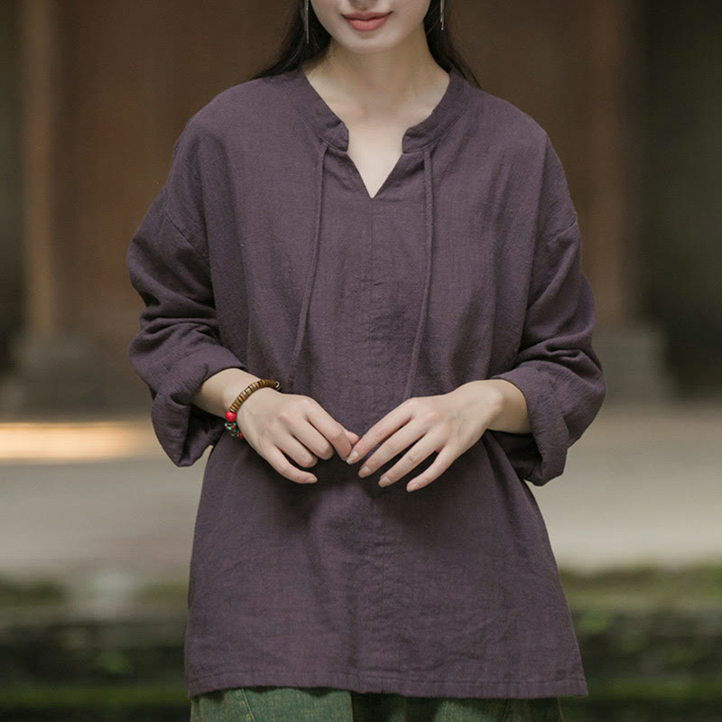 Camisa de mujer de lino y ramio de manga larga de color liso retro con Buddha Stones