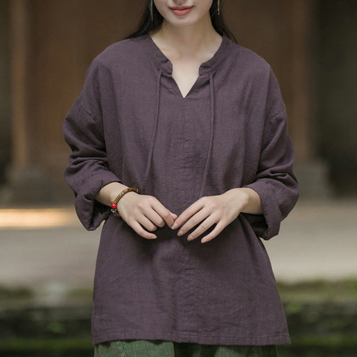 Camisa de mujer de lino y ramio de manga larga de color liso retro con Buddha Stones