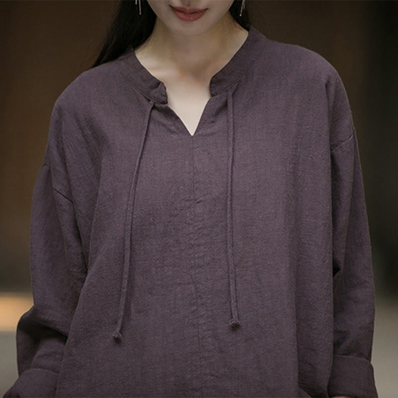 Camisa de mujer de lino y ramio de manga larga de color liso retro con Buddha Stones