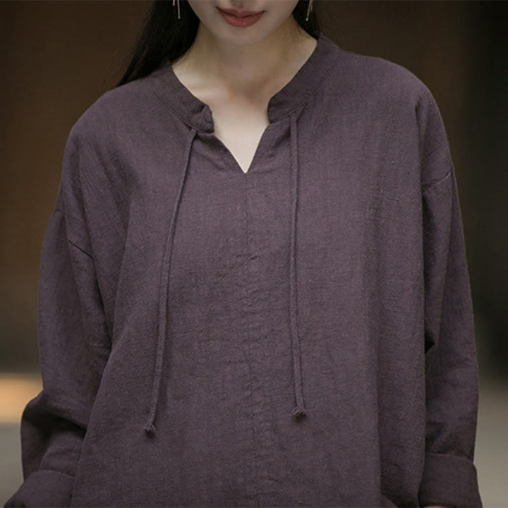 Camisa de mujer de lino y ramio de manga larga de color liso retro con Buddha Stones