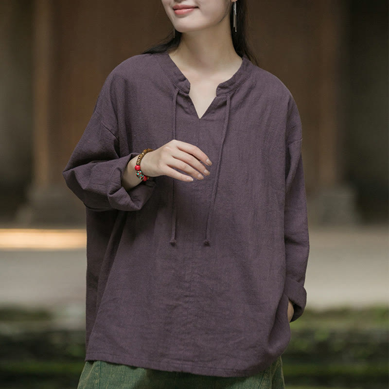 Camisa de mujer de lino y ramio de manga larga de color liso retro con Buddha Stones