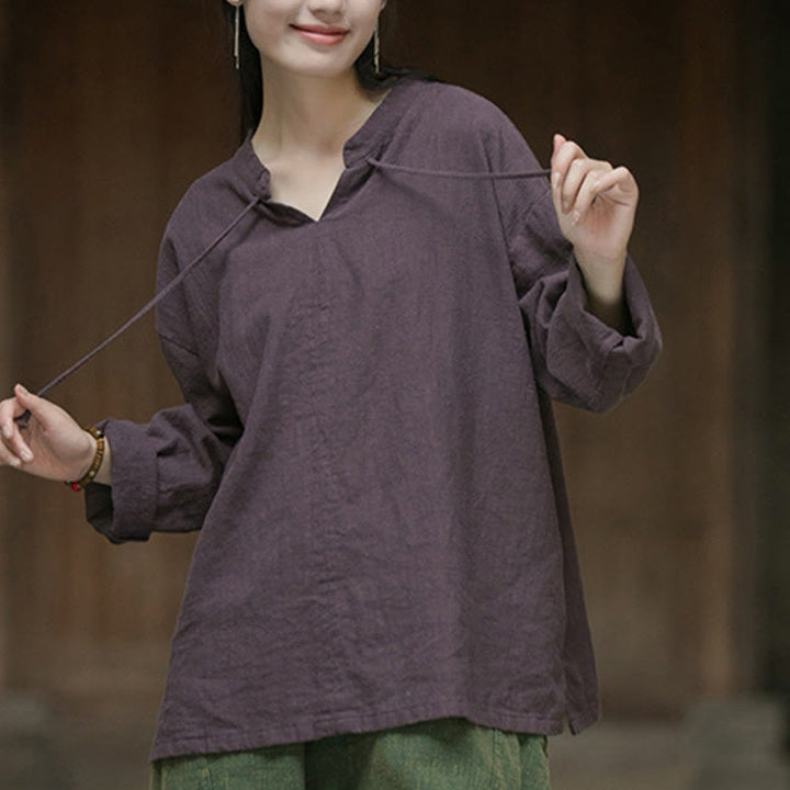 Camisa de mujer de lino y ramio de manga larga de color liso retro con Buddha Stones