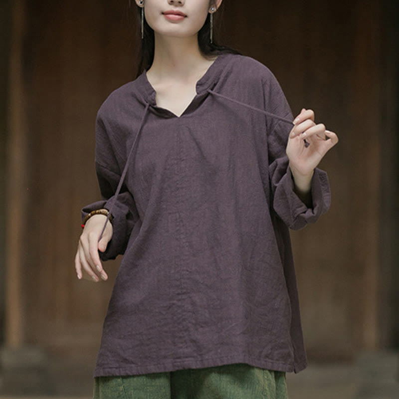 Camisa de mujer de lino y ramio de manga larga de color liso retro con Buddha Stones